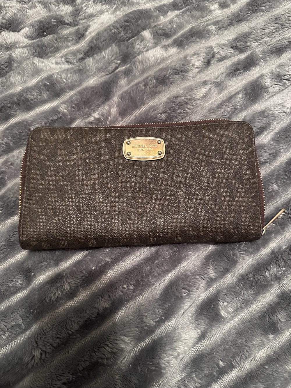 Michael Kors Dark Brown Monogram Zip Wallet with Gold Plate
